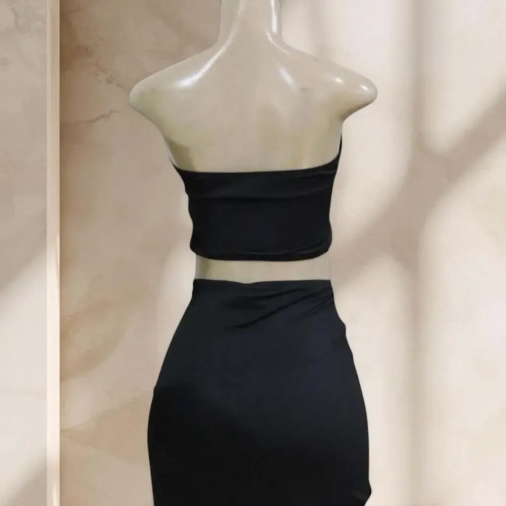 Black  Two Piece Set – Strapless Top & Draped Maxi Skirt Gold Detail Sexy ✧ S